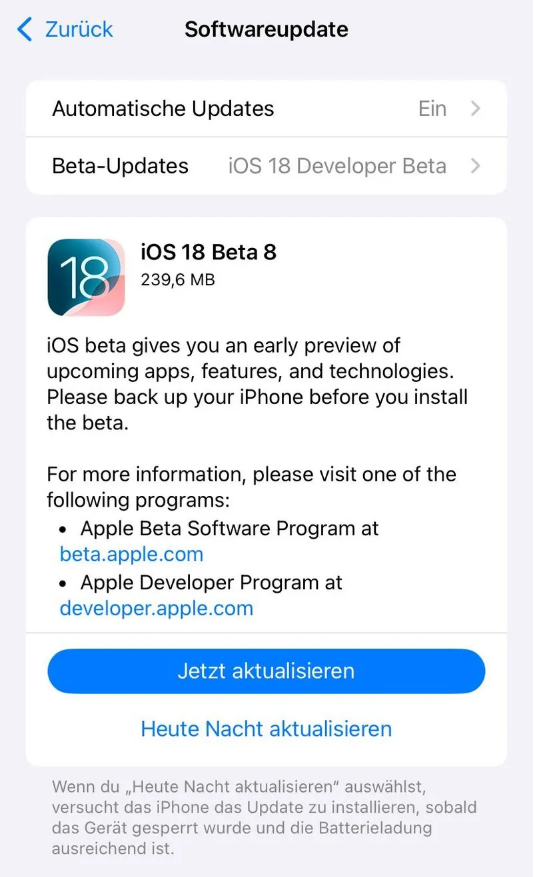 庆云苹果手机维修分享苹果 iOS / iPadOS 18 开发者预览版 Beta 8 发布 